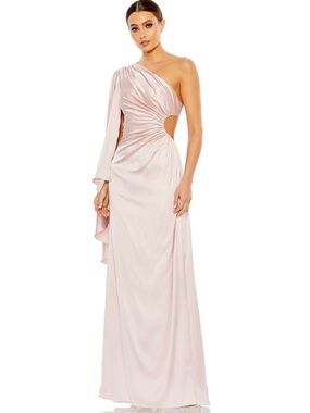 Mac Duggal Satin One Shoulder Bell Sleeve Draped Gown Pink Blush Side Cutout